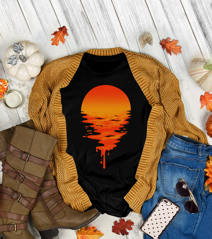 Melting Sunset with Dripping Sun and Ocean Waves T-Shirt