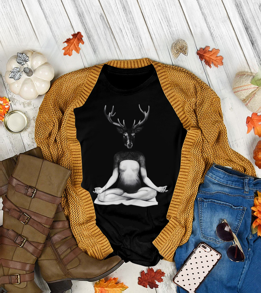 Deer Yoga Meditation Pose with Antlered Head and Tattooed Shoulders T-Shirt