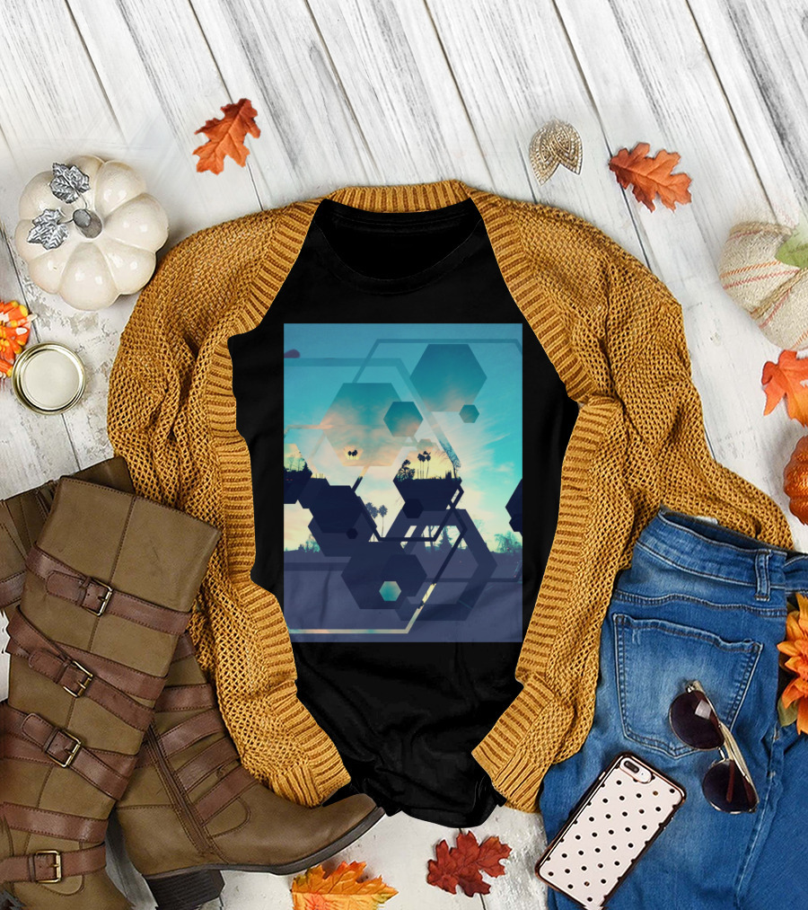 Hexagon Horizons Phone Abstract Landscape with Geometric Shapes and Sky T-Shirt
