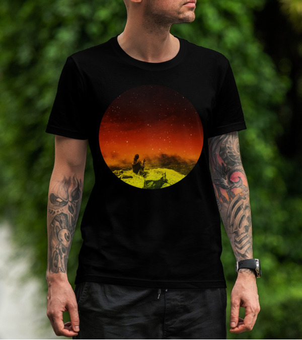 Burning Hill Starry Night Seated Figure And Dog On Vibrant Landscape T-Shirt