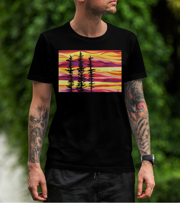 Burning Sky Three Silhouetted Trees Against A Vibrant Sunset Background T-Shirt