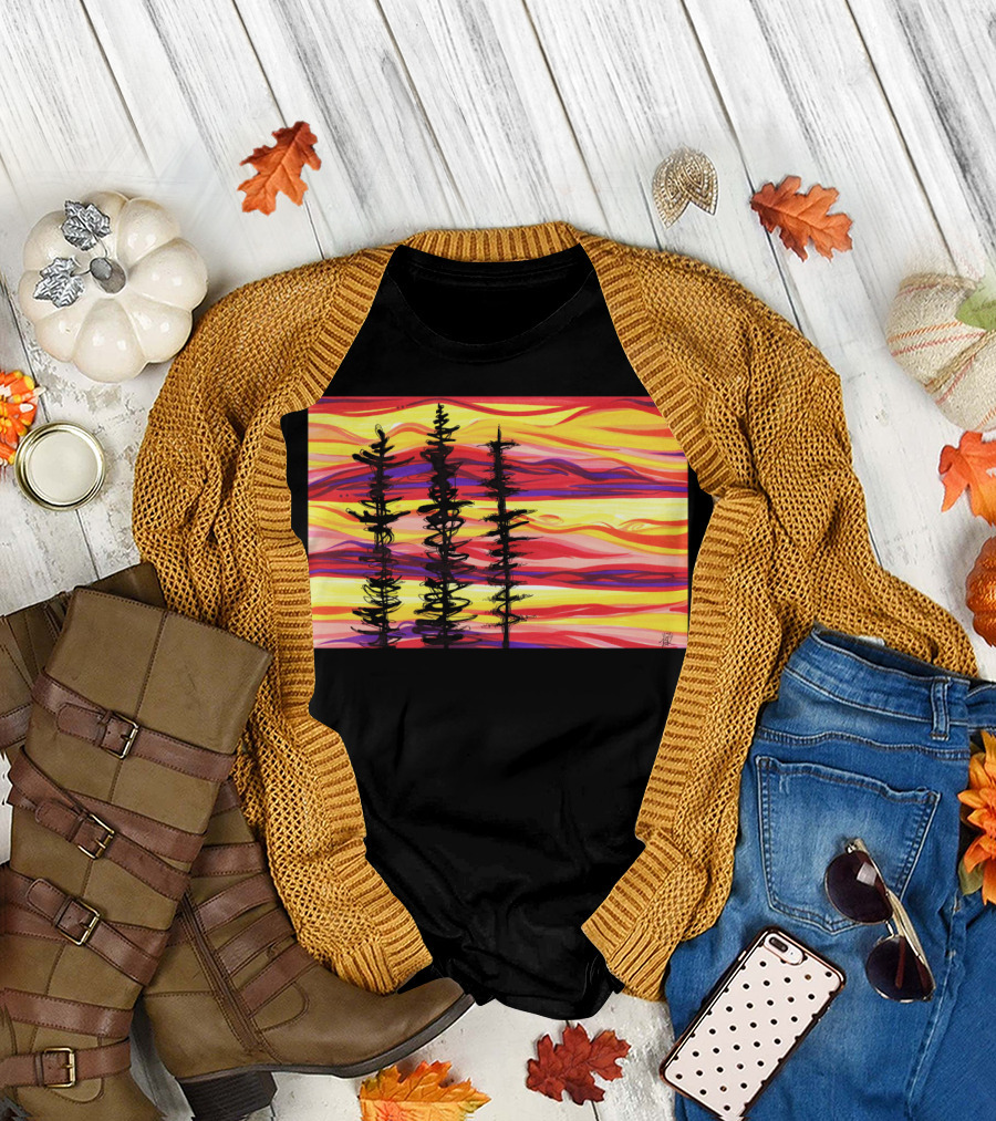 Burning Sky Three Silhouetted Trees Against a Vibrant Sunset Background T-Shirt