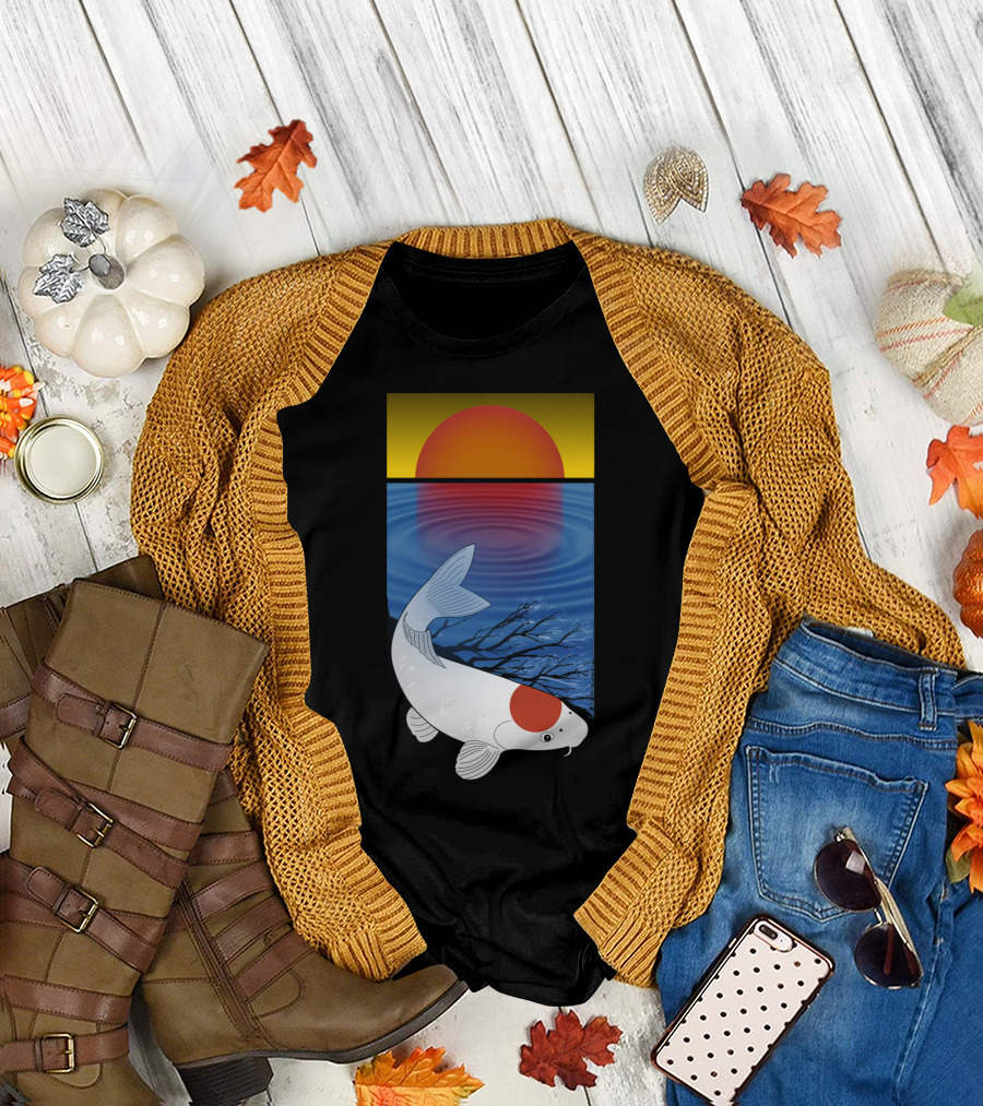 Tranquil Sunset Meditation with Koi Fish and Reflective Water Scene T-Shirt