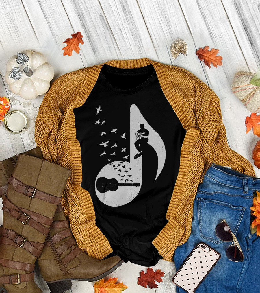 Musical Note Acoustic Guitar with Birds and Guitarist T-Shirt