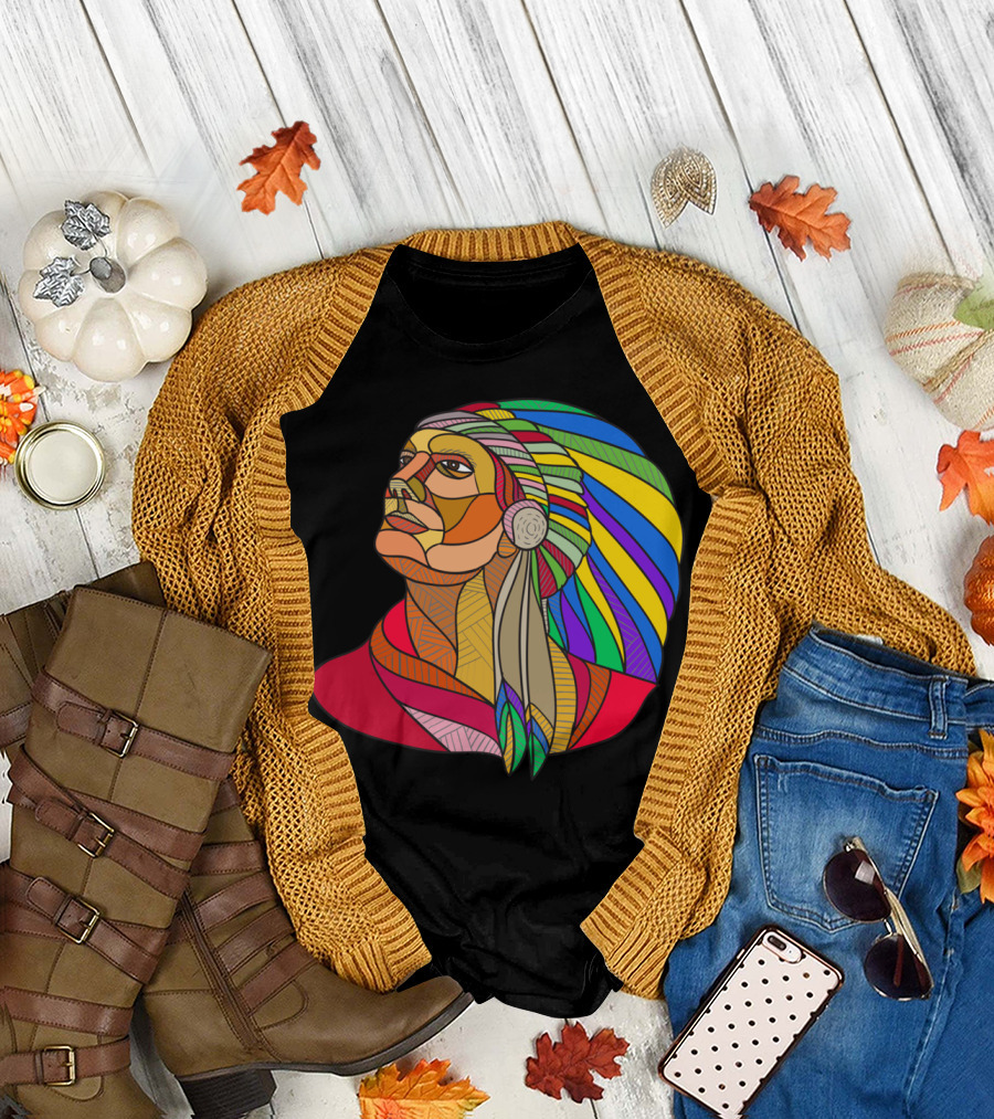 Native American Indian Chief Headdress Rainbow Patchwork T-Shirt
