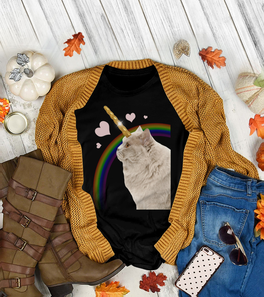 Unicorn Cat with Rainbow and Hearts T-Shirt