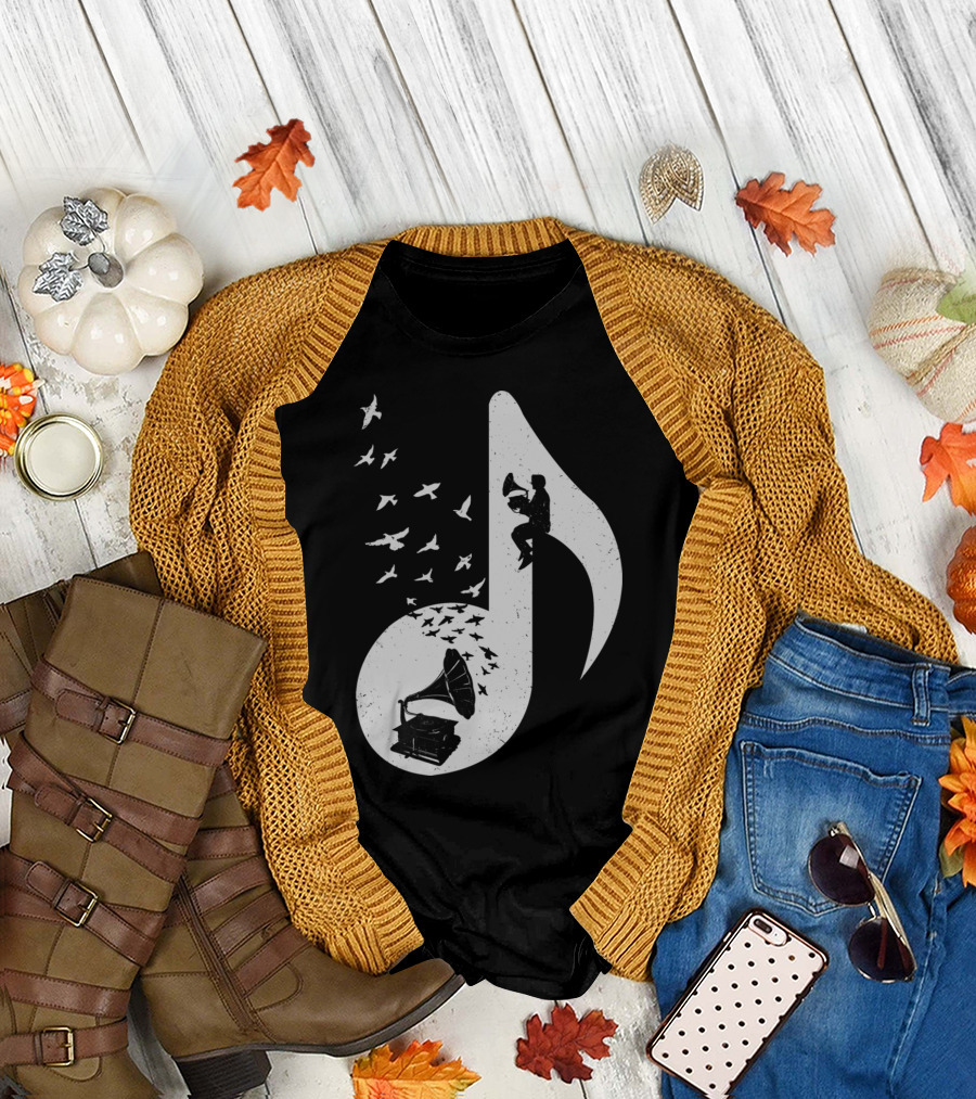 Musical Note Gramophone with Birds and Musician T-Shirt