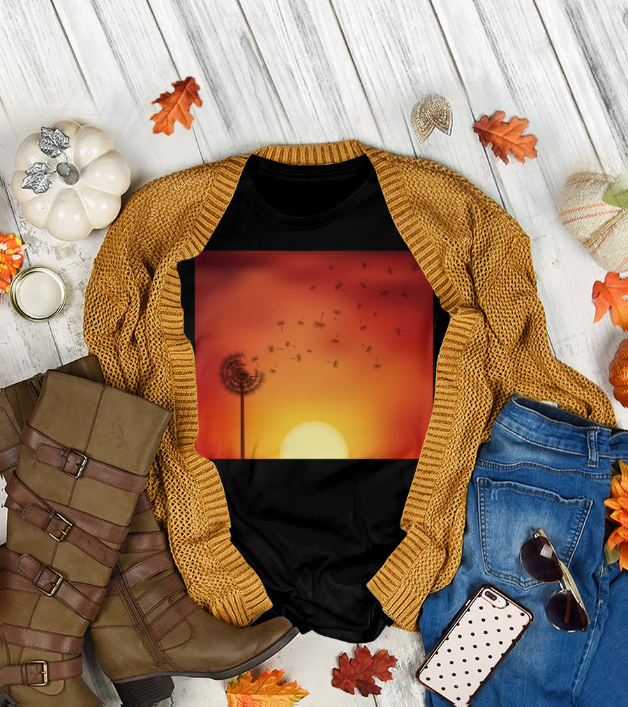 Sunset Seed Escape Dandelion Silhouette Against Orange Sky T-Shirt