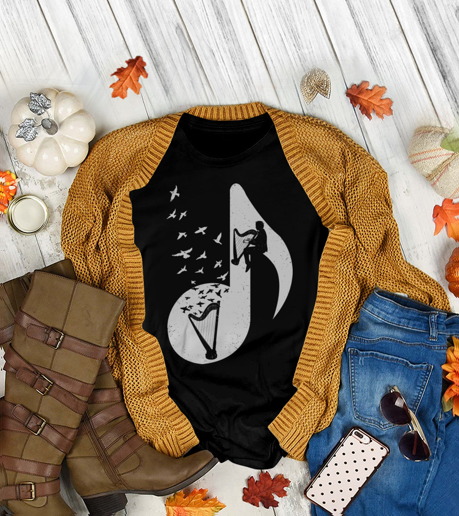 Silhouette Harp Musical Note with Birds T-Shirt