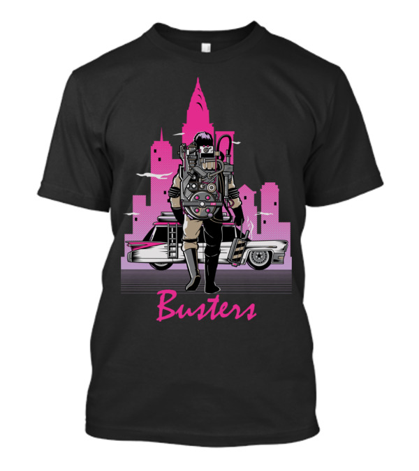 Busters Retro City Hero With Car And Neon Skyline T-Shirt