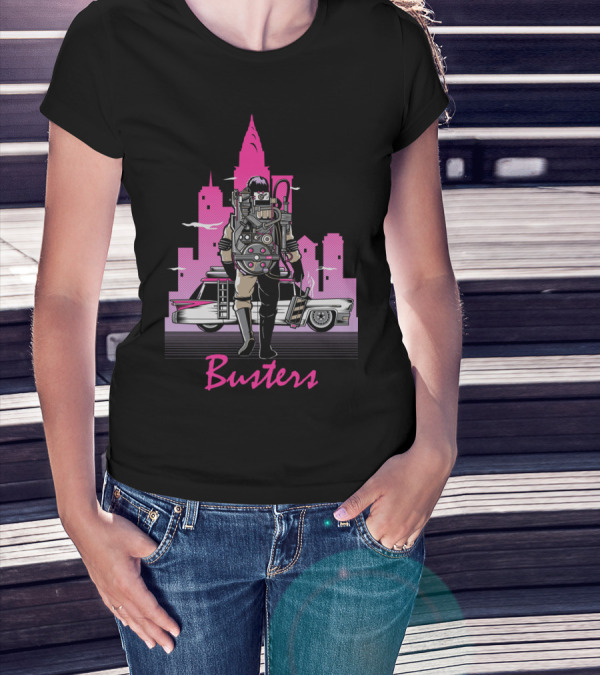 Busters Retro City Hero With Car And Neon Skyline T-Shirt