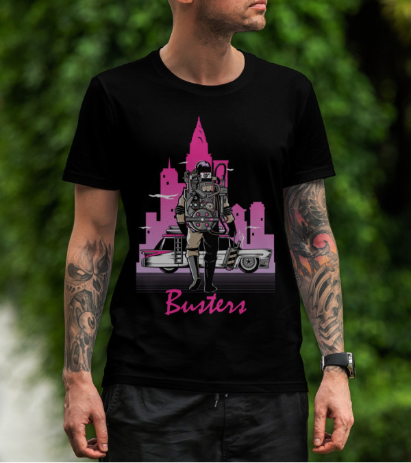 Busters Retro City Hero With Car And Neon Skyline T-Shirt