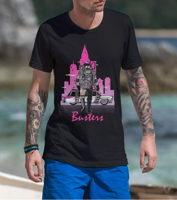 Busters Retro City Hero With Car And Neon Skyline T-Shirt