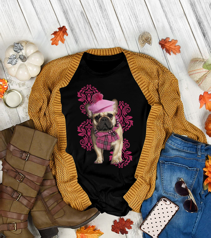 Chic Dog Pink Beret and Scarf with Ornate Floral T-Shirt