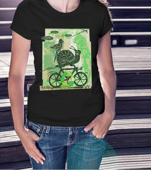 A Little Slow To Recycle Snail And Bird On Bicycle With Green Recycling Symbols T-Shirt