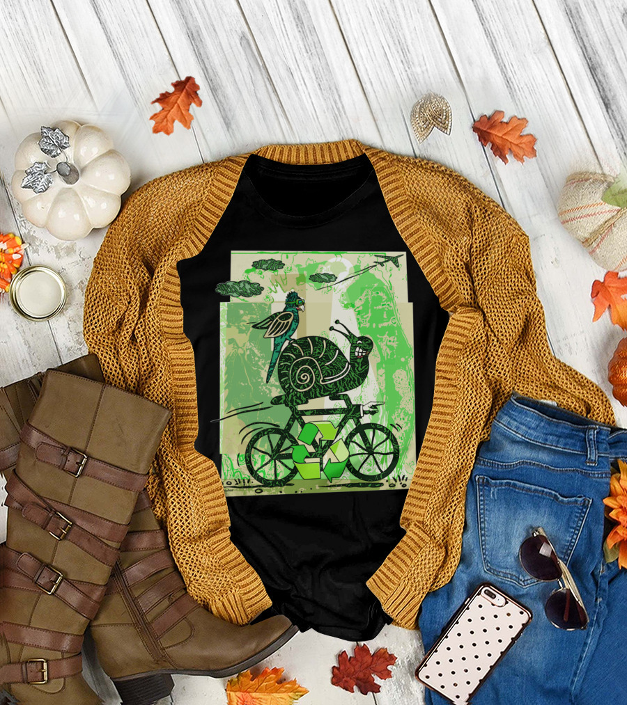 A Little Slow To Recycle Snail and Bird on Bicycle with Green Recycling Symbols T-Shirt
