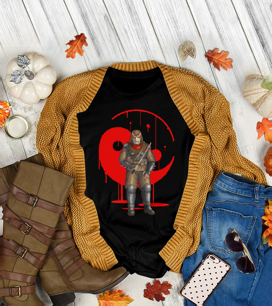 Demon of the Night Red Horror Warrior with Sword Black and Red Yin Yang T-Shirt