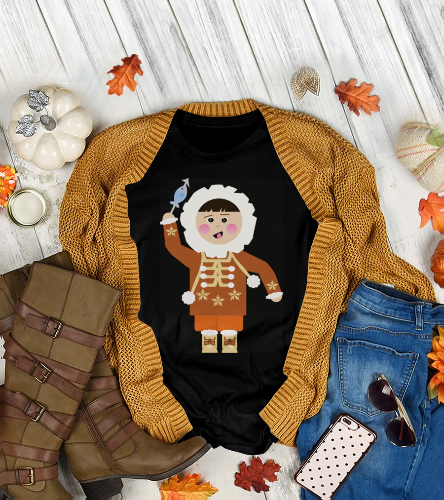Eskimo Lescap Cute Character Holding Fish T-Shirt