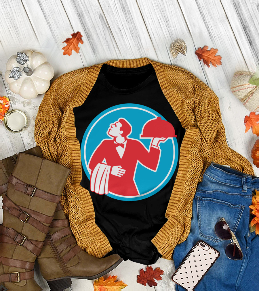 Butler Serving Food Platter in Red and Blue Circular Emblem T-Shirt