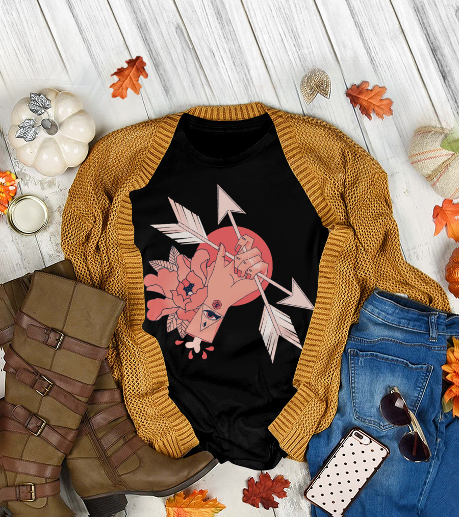 An Arrow Through Hand with Floral and Eye Symbol Background T-Shirt