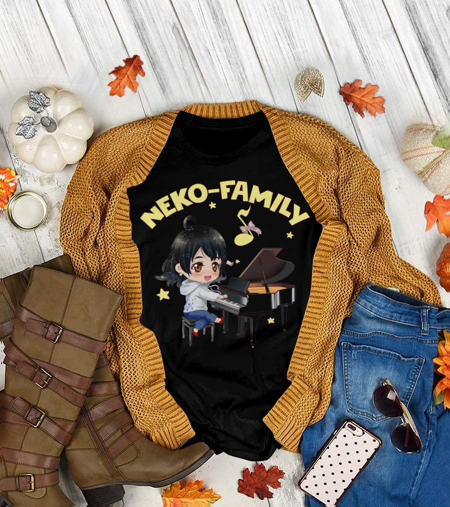 Neko Family Cute Character Playing Piano with Music Note and Stars T-Shirt