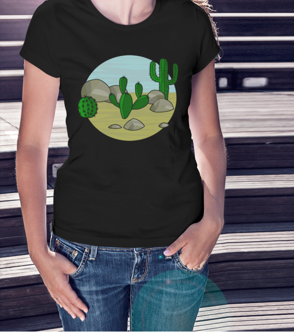 Desert Cactus Landscape With Rocks And Sky T-Shirt