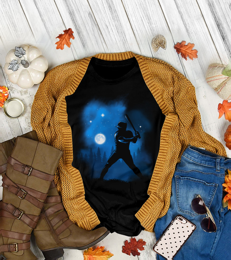 Baseball Player Silhouette Swinging Bat at Night Sky Moon and Stars T-Shirt