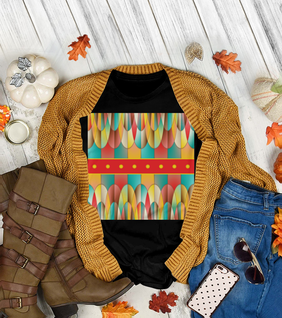 Superb Colors Geometric Pattern with Red Stripe and Yellow Circles T-Shirt