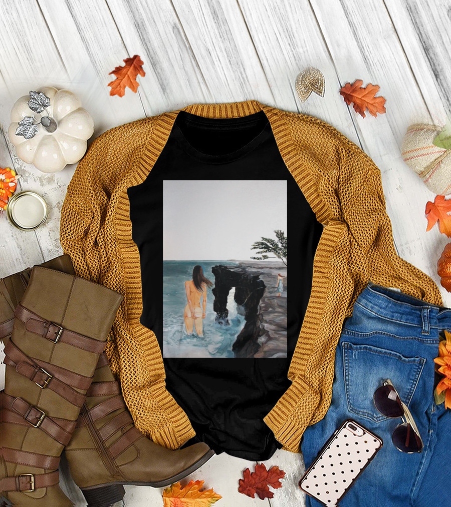 Destinies La Coastal Cliff Art with Ocean View and Woman in Water T-Shirt