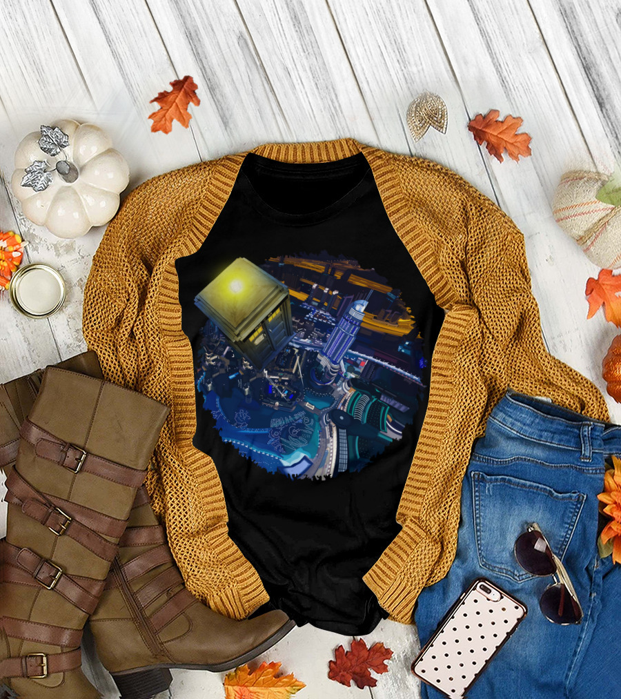 Flying Blue Phone Box Over Futuristic Cityscape at Modern Starry Night T-Shirt