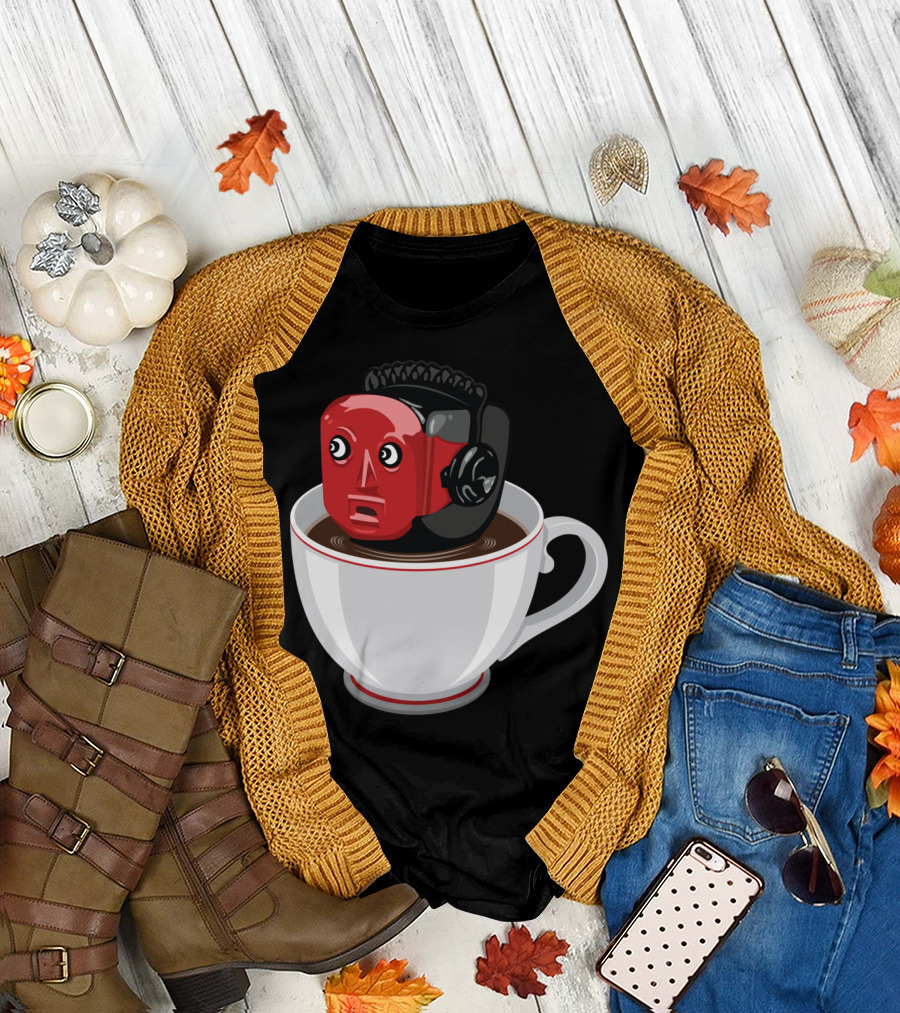 Even Robots Drink Coffee in a Cup with Surprised Red-Head Robot Face T-Shirt
