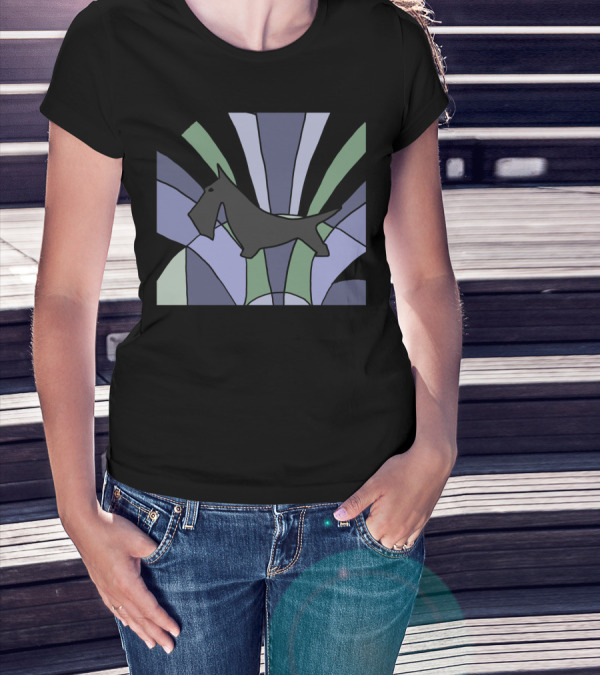 Art Deco Style Scottish Terrier Silhouette On Geometric Background T-Shirt