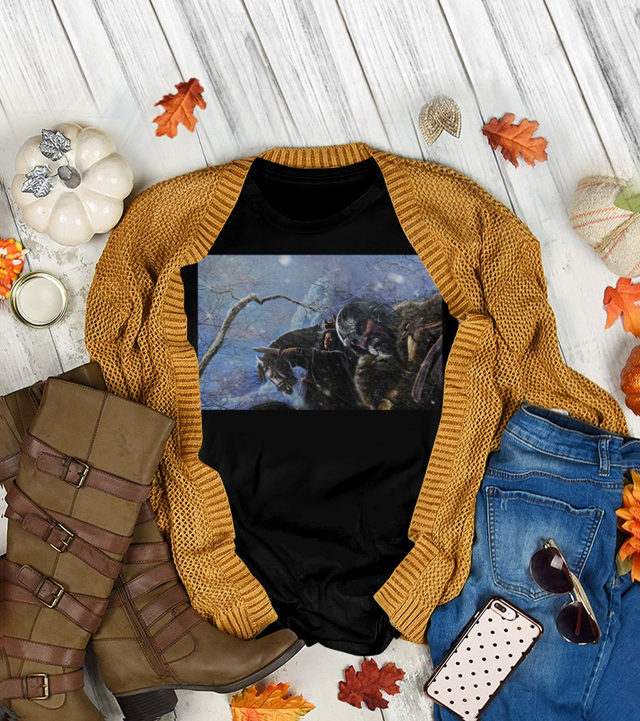 Viking Storm in Snowy Battle Scene with Warriors and Horses T-Shirt