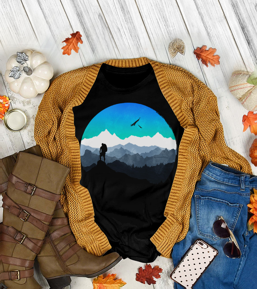 Everest Mountain Climber Silhouette with Scenic Peaks and Birds T-Shirt