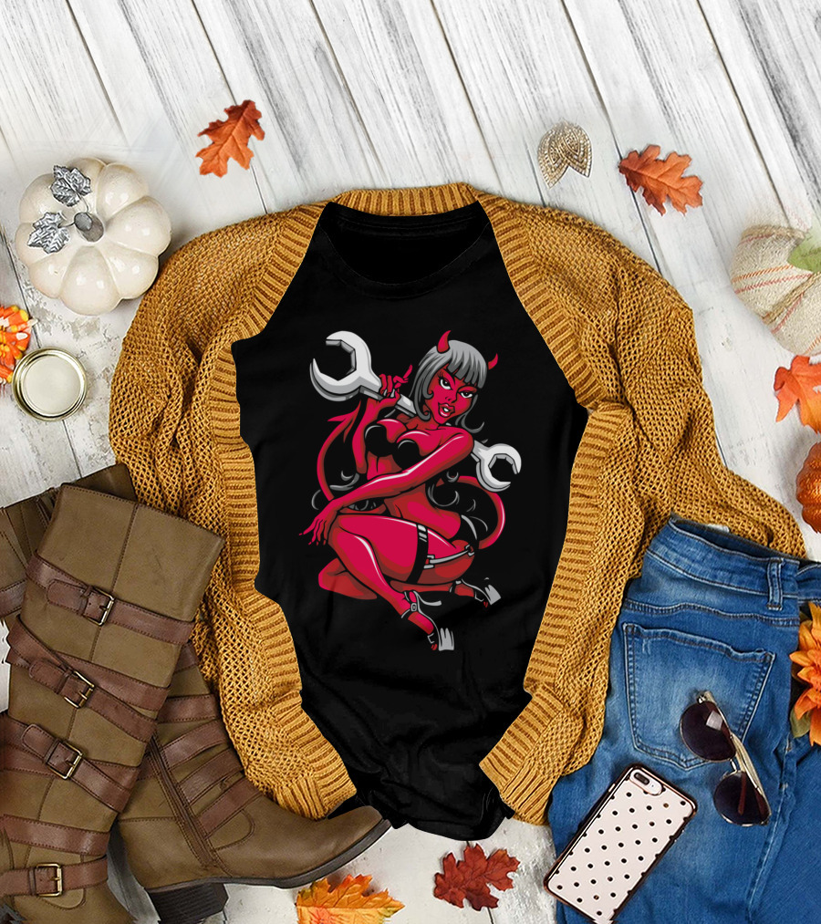 Devil Pin Up Girl Seductively Posing With Large Wrench and Horns T-Shirt