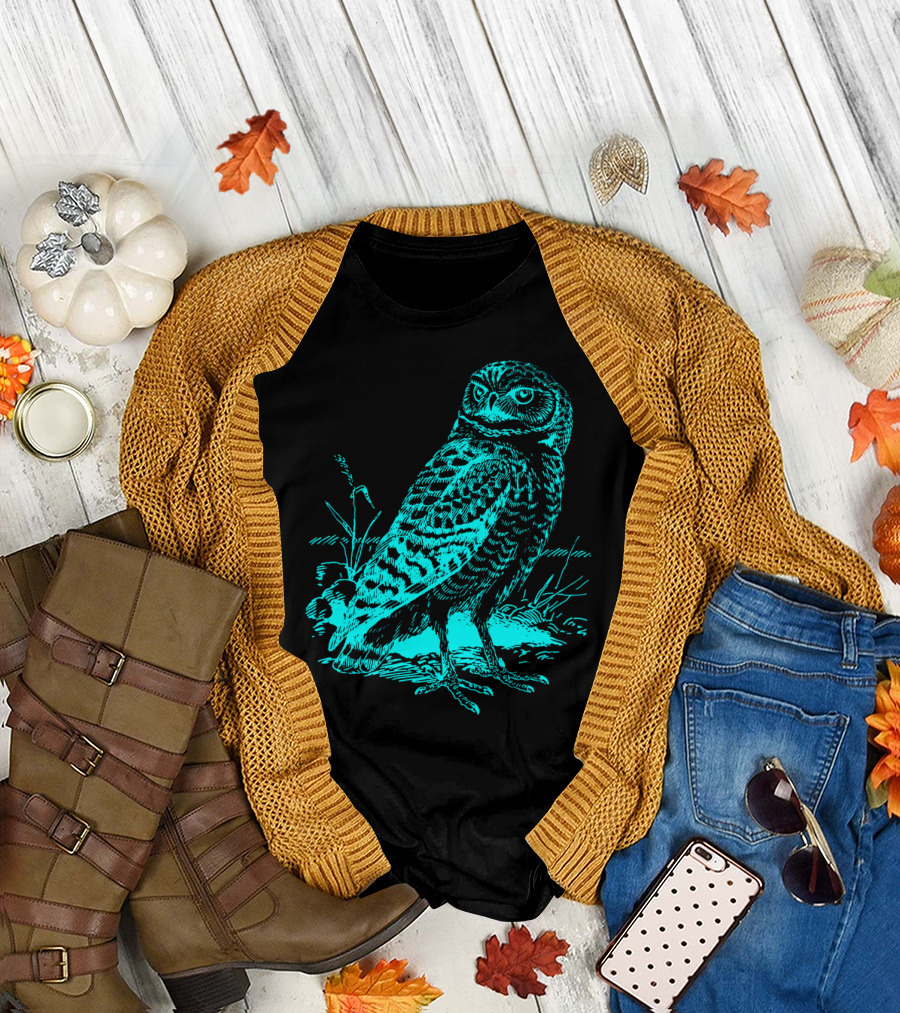 Cool Blue Owl Sketch with Nature Elements T-Shirt