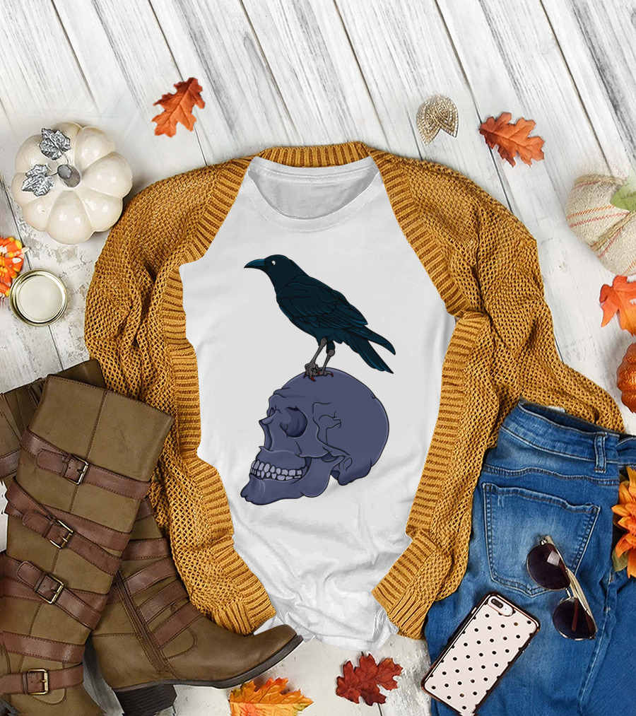 Raven Perched on Human Skull T-Shirt