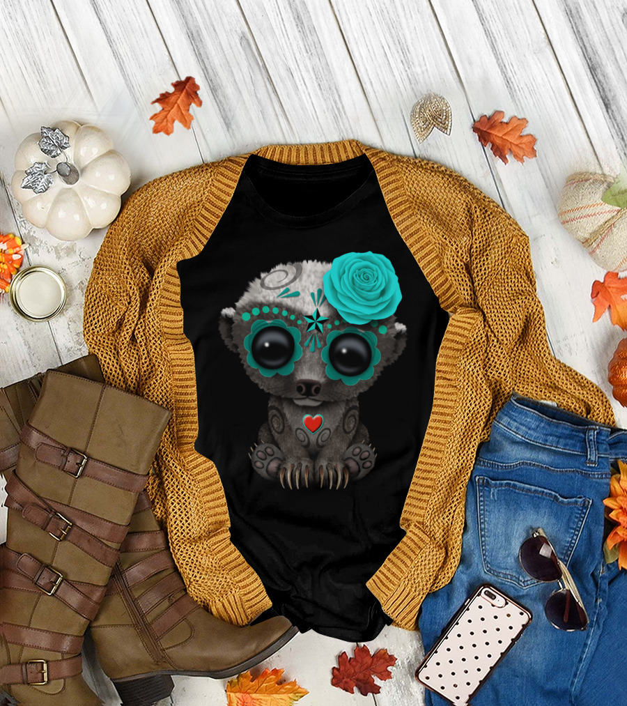 Blue Day Of The Dead Sugar Skull Honey Badger With Rose Flower T-Shirt