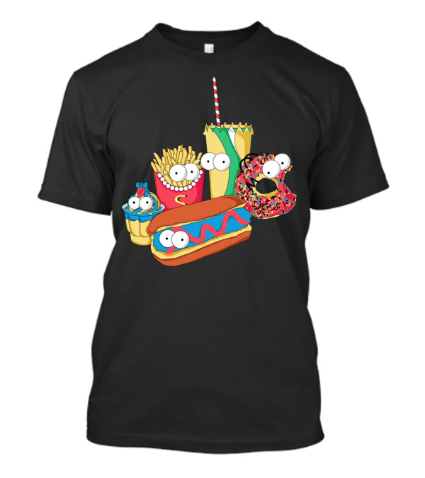 Mac Simpson Fast Food Characters Hot Dog Donut Fries Cupcake Drink T-Shirt