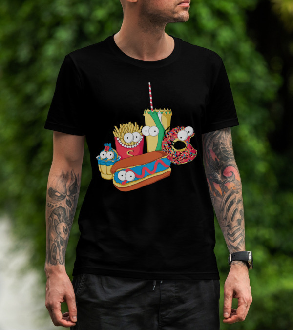 Mac Simpson Fast Food Characters Hot Dog Donut Fries Cupcake Drink T-Shirt