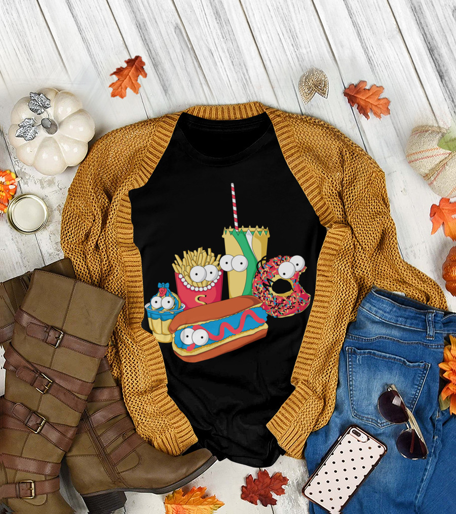 Mac Simpson Fast Food Characters Hot Dog Donut Fries Cupcake Drink T-Shirt