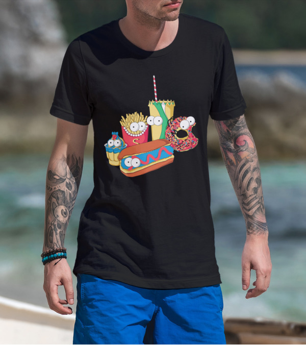 Mac Simpson Fast Food Characters Hot Dog Donut Fries Cupcake Drink T-Shirt