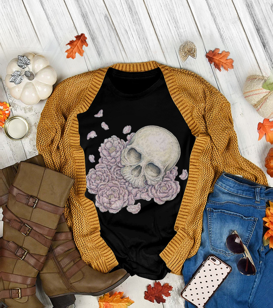 Flying Petals Skull with Blossoms T-Shirt