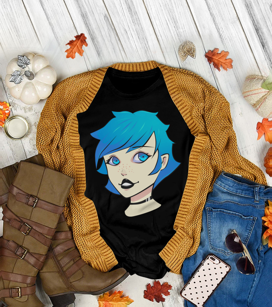 Blue Hair Anime Style Portrait with Freckles and Choker T-Shirt