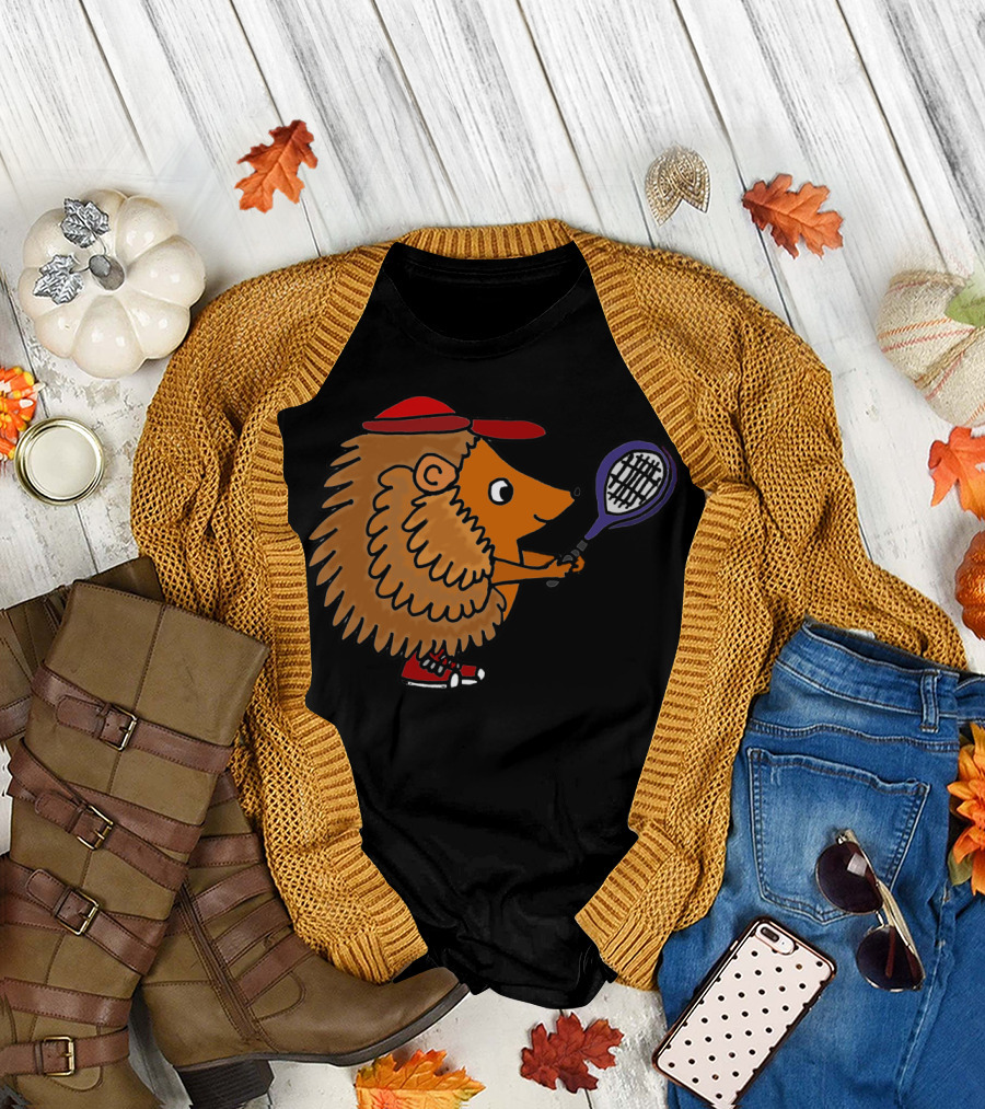 Cool Funny Funky Hedgehog Playing Tennis With Red Cap and Sneakers T-Shirt