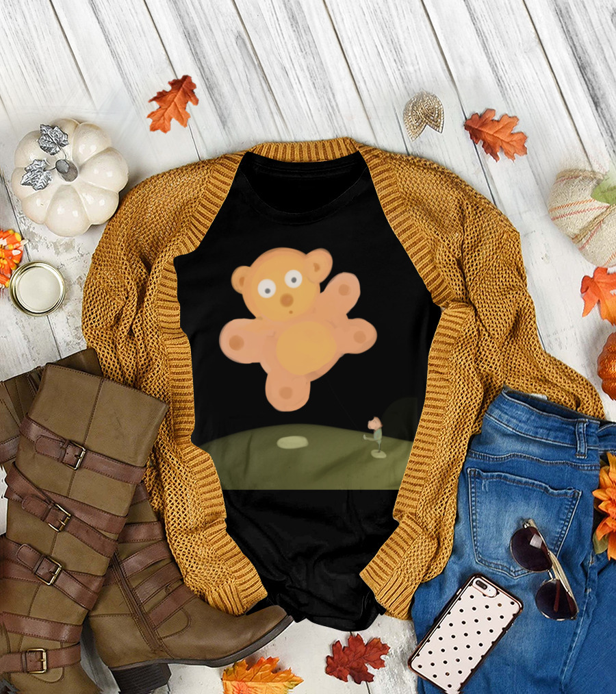 Flying Teddy Floating Over Green Hill T-Shirt