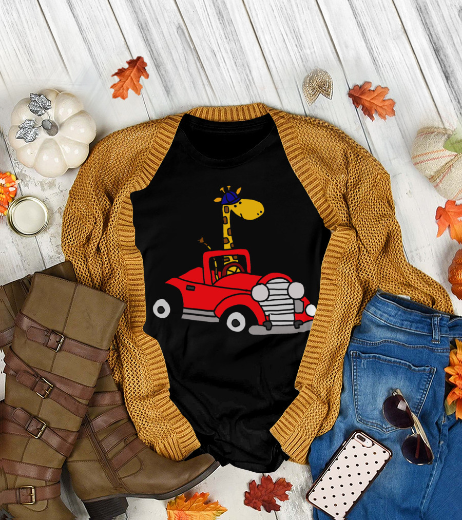 Cool Funny Giraffe Driving Red Convertible with Blue Hat T-Shirt