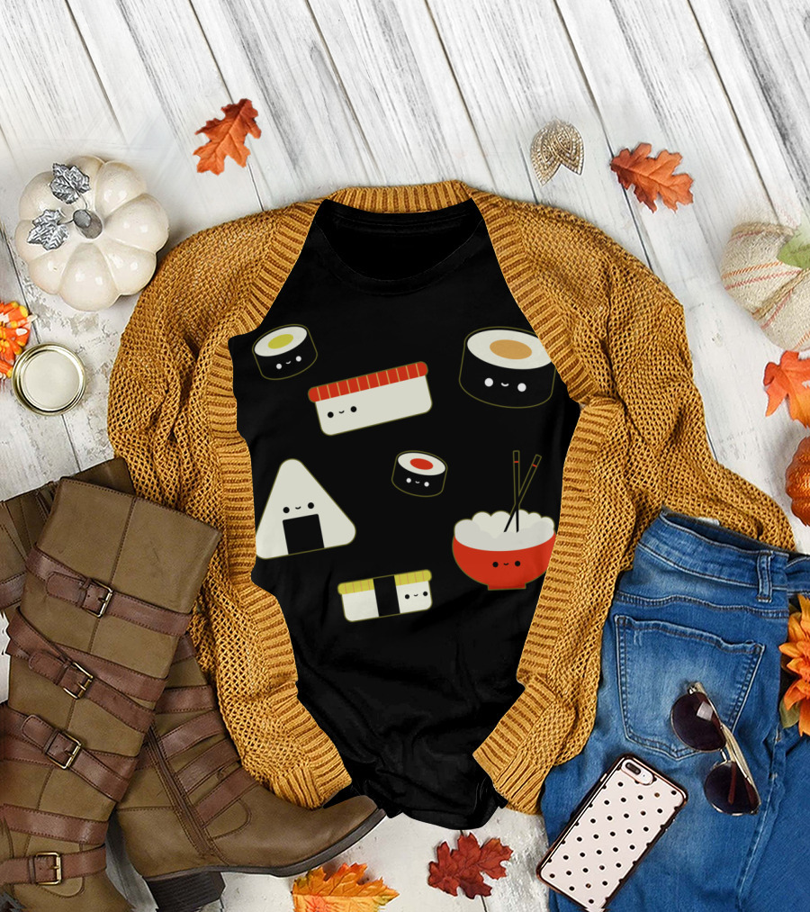 Kawaii Sushi Rolls Onigiri Bowl and Chopsticks Cute Faces T-Shirt
