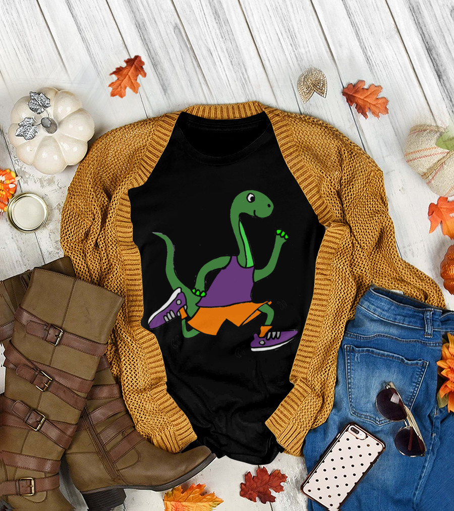 Cool Funny Green Brontosaurus Dinosaur Jog in Purple Sneakers and Orange Shorts T-Shirt