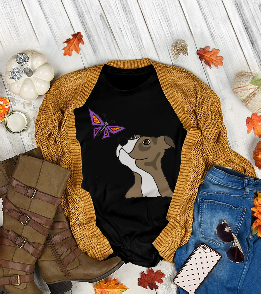 Cool Funny Grey Pitbull Puppy Dog and Butterfly Pizza T-Shirt
